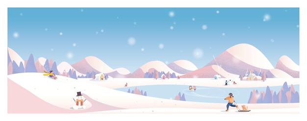 Paisaje de invierno. Pueblo rural. Niños jugando afuera.