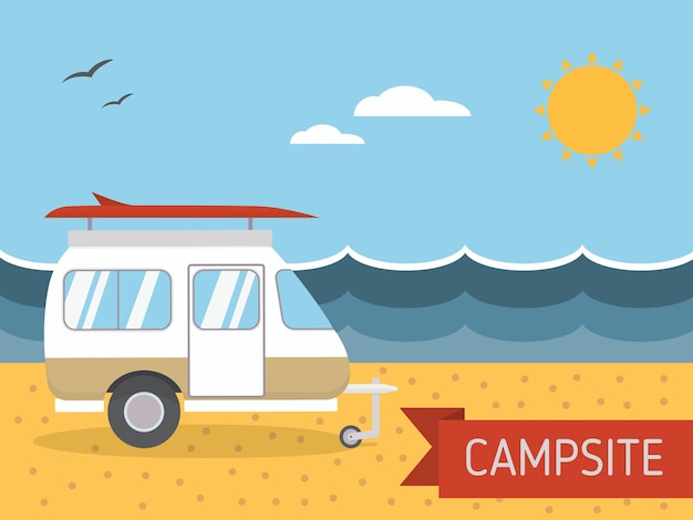 Paisaje de isla de camping de playa de verano con caravana vista al mar arena y sol Viaje familiar RV escena de campamento en estilo plano Concepto de postal de vacaciones