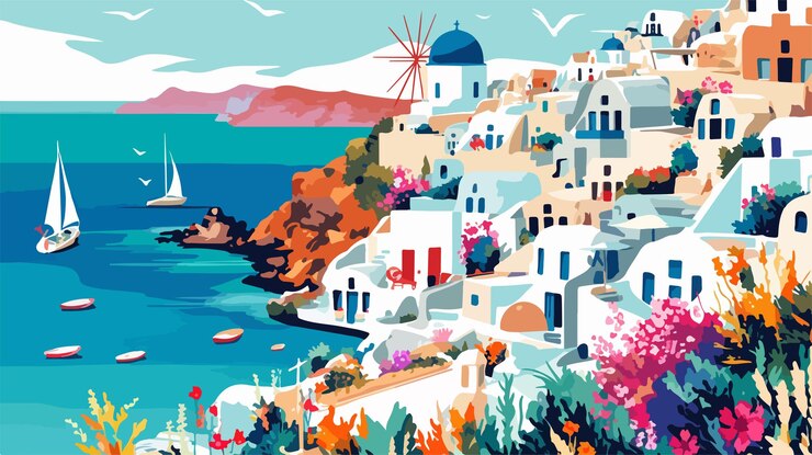 Vector paisaje de la isla de santorini oia con edificios tradicionales blancos