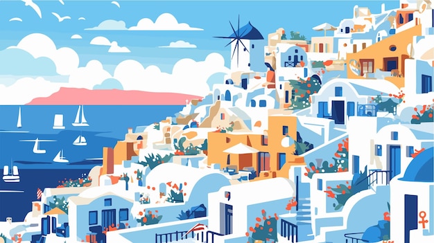 Paisaje de la isla de Santorini Oia con edificios tradicionales blancos