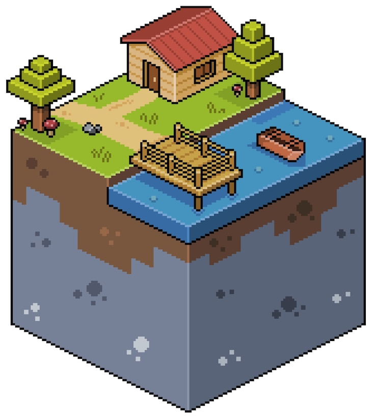 Vector paisaje isométrico de pixel art con barco de cubierta de madera de lago de casa y juego de bits de árboles
