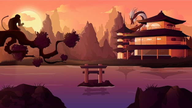 Paisaje japonés con dragón