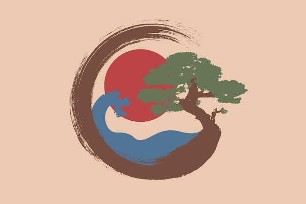 Paisaje japonés en Enso Zen Circle Bonsai Tree y gran sol rojo dibujado a mano con tinta de colores