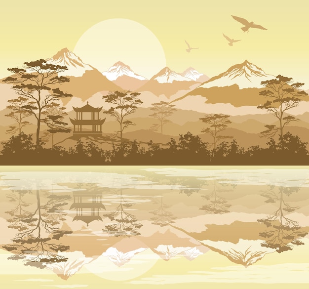 Paisaje japonés con lago forestal y montañas.