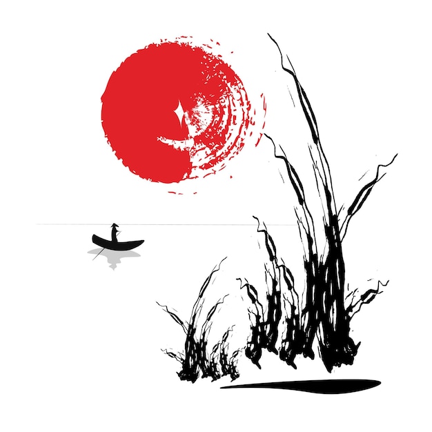 Paisaje japonés silueta vector rojo sol y montañas ilustración Arte abstracto Asia