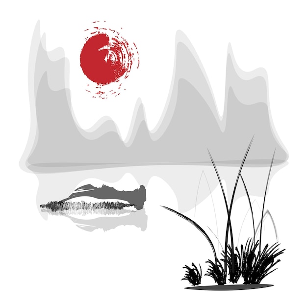 Paisaje japonés silueta vector rojo sol y montañas ilustración Arte abstracto Asia