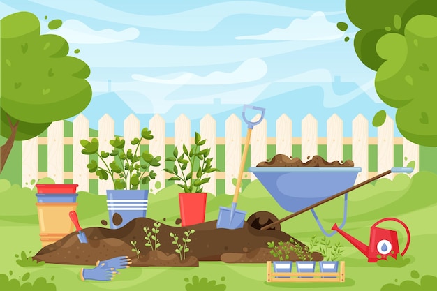 Vector paisaje de jardín concepto de dibujos animados con escena de jardín de primavera y verano con herramientas e instrumentos para la agricultura y el trabajo del suelo ilustración vectorial