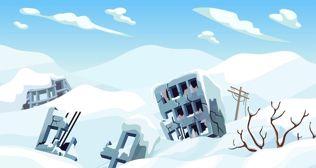 Paisaje de juego de dibujos animados de la era de hielo con montañas de nieve y ciudad