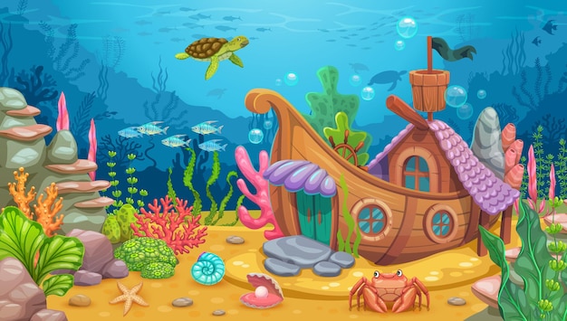 Paisaje de juego submarino con casa de barco hundida