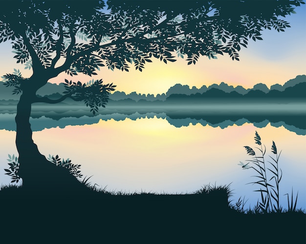 Vector paisaje del lago al amanecer.