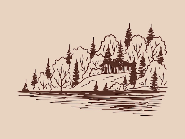 Paisaje lago casa y pinos Ilustración de boceto dibujado a mano