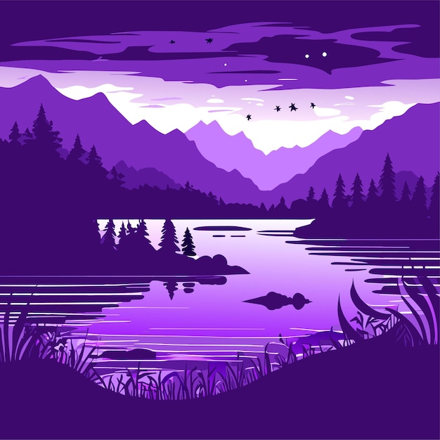 Vector paisaje del lago dibujado a mano y escena de la naturaleza