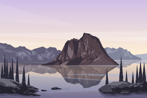 Paisaje del lago de montaña del norte escena al aire libre de la naturaleza viaje de senderismo ilustración de fondo vectorial