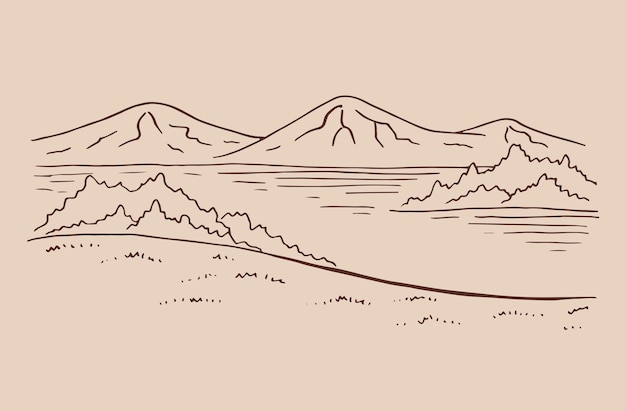 Paisaje con lago y montañas Ilustración dibujada a mano convertida a vector