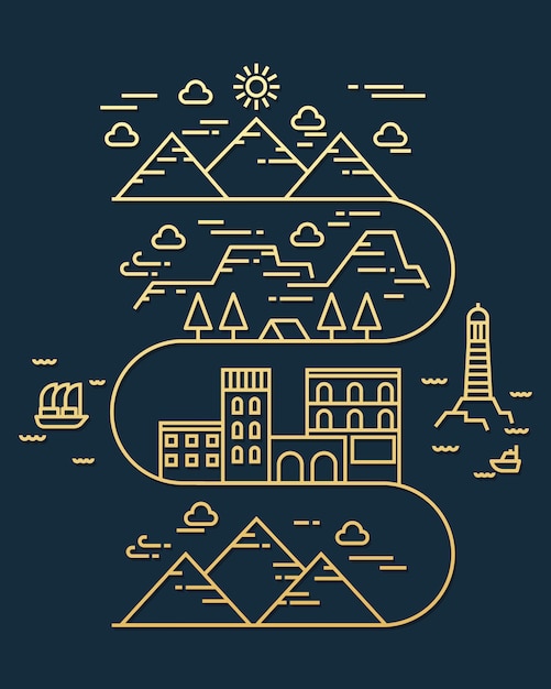 Paisaje en línea plana moderna. Ilustración de paisaje de línea delgada.