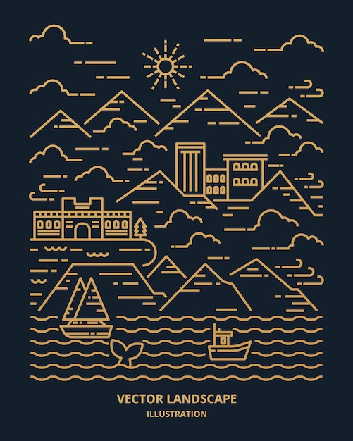 Paisaje en línea plana moderna. Paisaje de línea delgada con montaña, océano, edificio, nubes, sol, barco, ballena. ilustración.