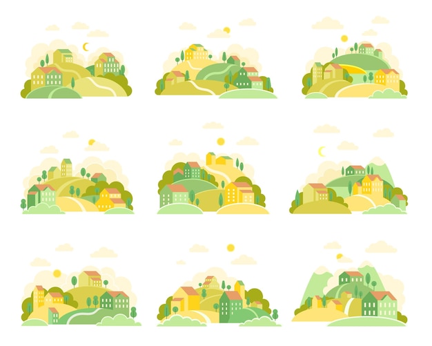 Paisaje local con casas urbanas, colinas y árboles como paisaje acogedor del conjunto vectorial de vecindario