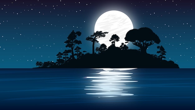 Paisaje Luna y estrellas lago vista luna luz sobre el bosque ilustración arte vector eps