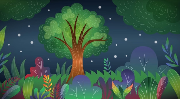 Paisaje mágico encantado Bosque de ensueño Paisaje nocturno misterioso Árboles de la naturaleza en la sombra Cielo estrellado oscuro Panorama de verano de cuento de hadas Prado nocturno Fondo ordenado de dibujos animados vectorial