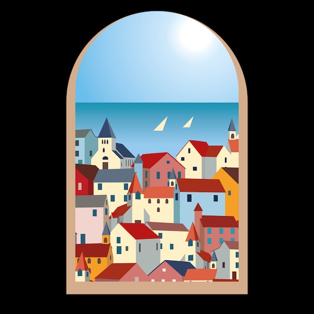 Paisaje con mar, coloridas casas y yates a través de una ventana vieja