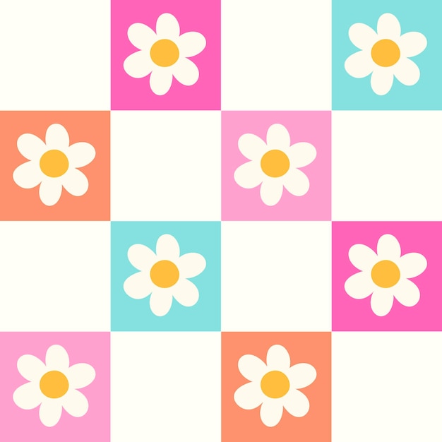 Paisaje de margaritas a cuadros Primavera verano fondo floral Retro patrón floral