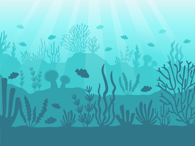 Paisaje marino bajo el agua. arrecife de coral del océano, fondo del mar profundo y nadar bajo el agua. ilustración de corales marinos