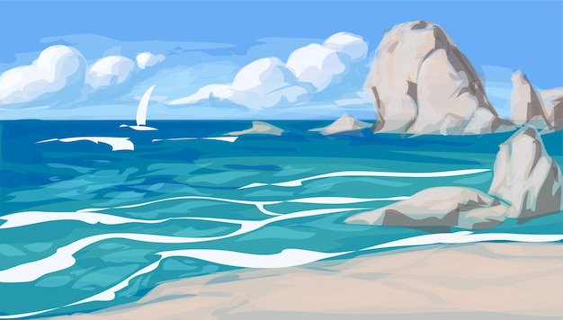 Vector paisaje marino al estilo de una caricatura para imprimir y decorar libros, postales, souvenirs.ilustración vectorial.