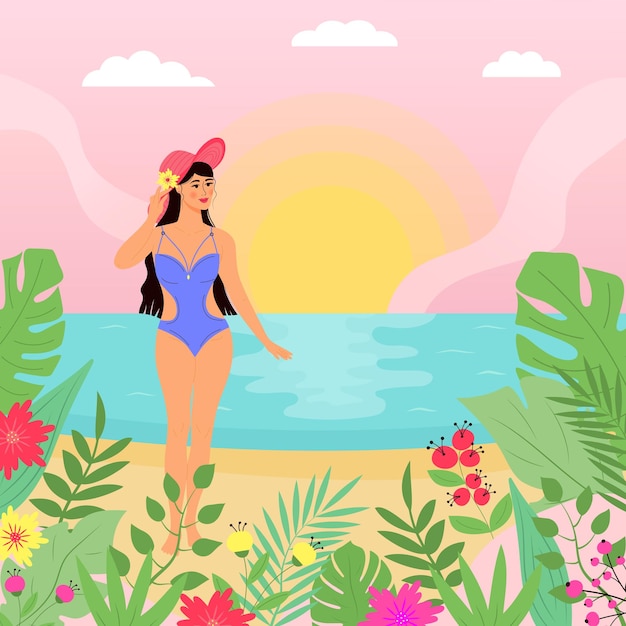 Paisaje marino exótico de verano con mujer en traje de baño y sombrero Flores y plantas tropicales alrededor de la escena de la playa