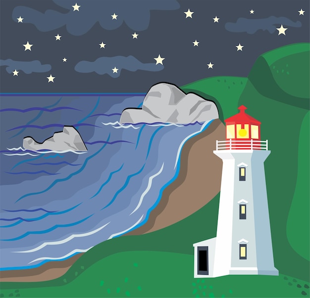 Paisaje marino con faro por la noche.