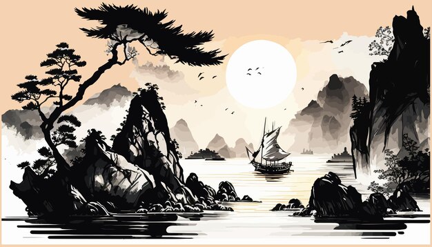 Paisaje marino oriental del amanecer con velero de pesca en estilo japonés minimalista oriental tradicional Ilustración vectorial