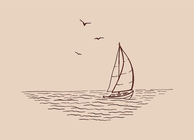 Vector paisaje marino paisaje mar velero gaviotas ilustración dibujada a mano convertida en vector