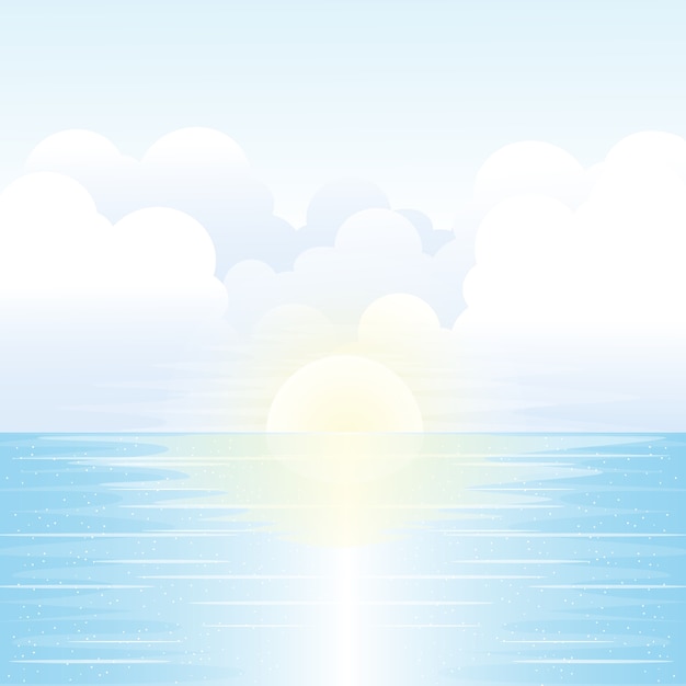 Vector paisaje marino con salida del sol en el horizonte nublado, ilustración vectorial