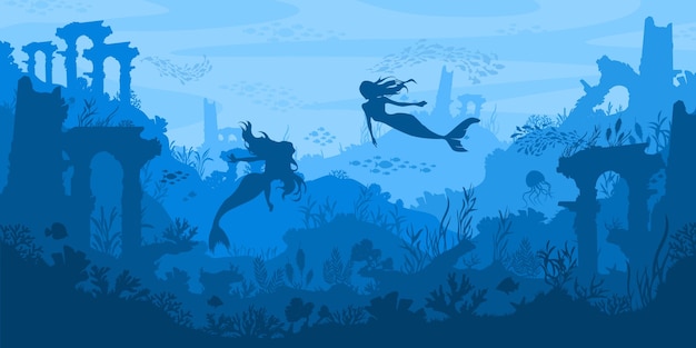 Paisaje marino de sirena Atlántida bajo el agua antiguas ruinas místico océano mundo de fantasía con arrecife de coral y vida marina Ilustración de fondo vectorial de silueta en capas