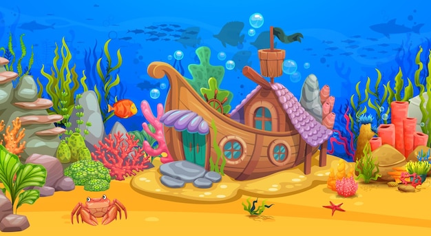Paisaje marino submarino de dibujos animados con barco hundido