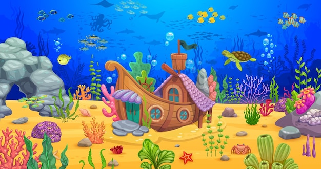 Paisaje marino submarino de dibujos animados con barco hundido