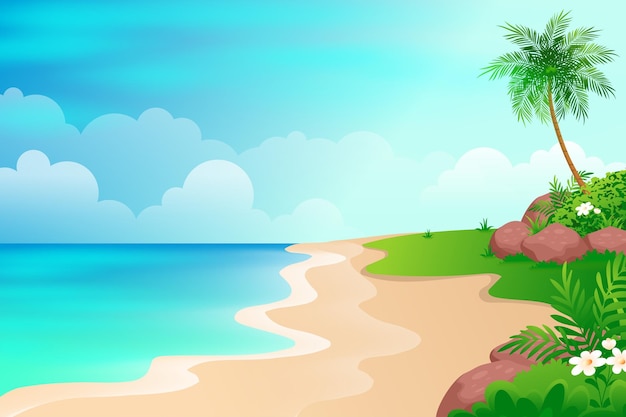 Vector paisaje marino tropical de océano azul y palmera ilustración de dibujos animados