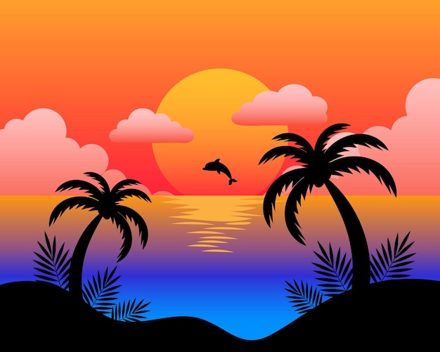 Paisaje marino de verano, palmeras, mar, delfines en el contexto de la puesta de sol. ilustración colorida