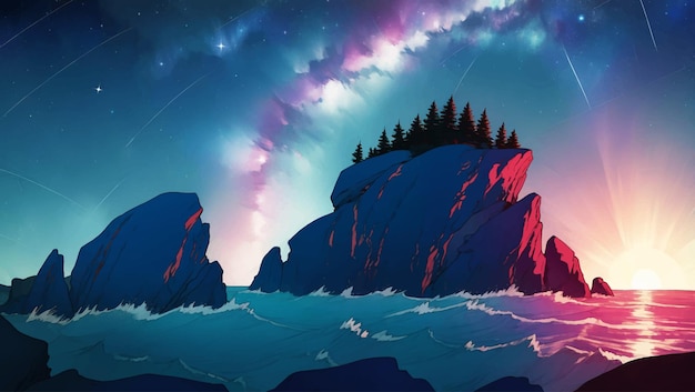 Paisaje marítimo o paisaje marítimo con rocas y estrellas en el cielo nocturno ilustración de pintura dibujada a mano