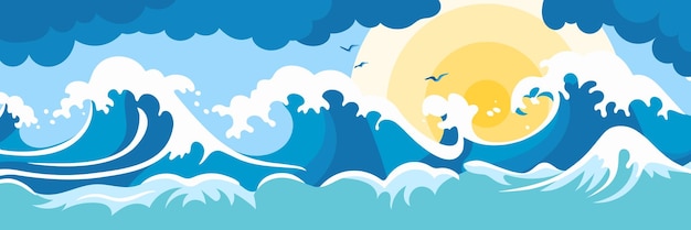 Paisaje marítimo con olas y puesta de sol dibujo vectorial ilustración de dibujos animados