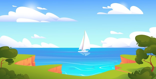 Paisaje marítimo con un velero blanco y rocas contra un cielo azul con nubes