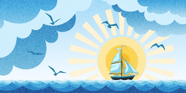 Paisaje marítimo con yate de vela sol en las nubes vacaciones de verano patrón de ruido pointillismo