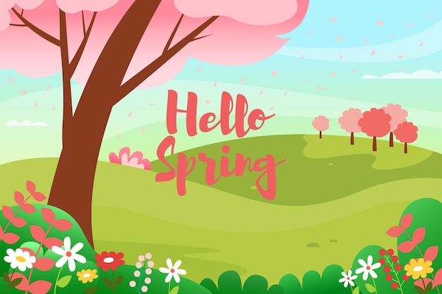 Paisaje matutino de primavera en flor. Ilustración de vector con una inscripción.