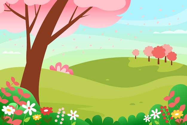 Paisaje matutino de primavera en flor ilustración vectorial colorida