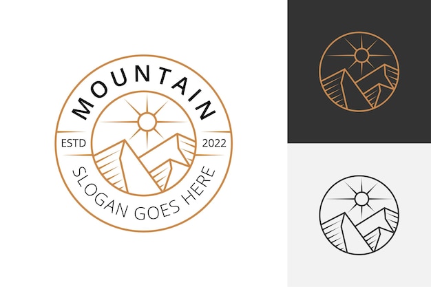 Paisaje minimalista colinas picos de montaña diseño de logotipo de insignia vectorial montaña al aire libre con logotipo de emblema de sol amanecer