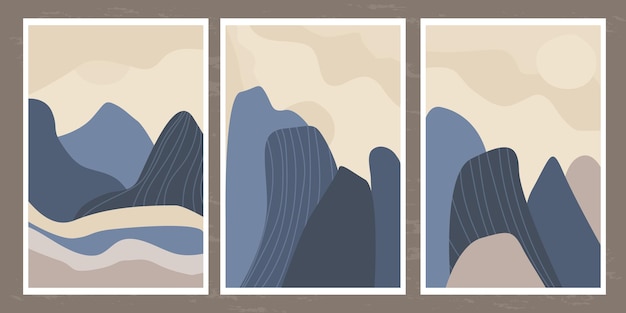 Paisaje minimalista de montañas y rocas con líneas abstractas en un estilo simple