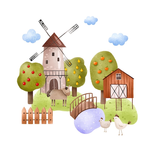 Vector paisaje con un molino de viento cerca de un lago y animales pastando granja en el pueblo composición dibujada a mano de niños lindos para tarjetas de decoración e invitaciones