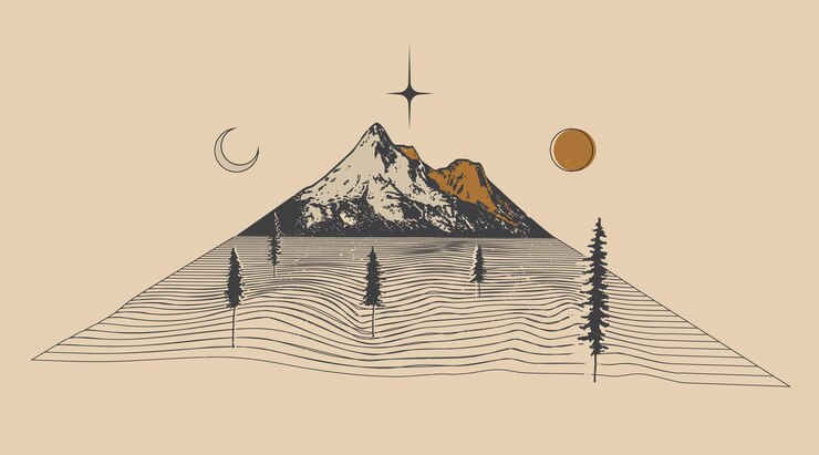 Paisaje de montaña abstracto de estilo vintage para estampado de camisetas o diseño de afiches