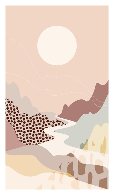 Paisaje de montaña abstracto. Hermoso fondo, paisaje de río. Colores cálidos y pasteles