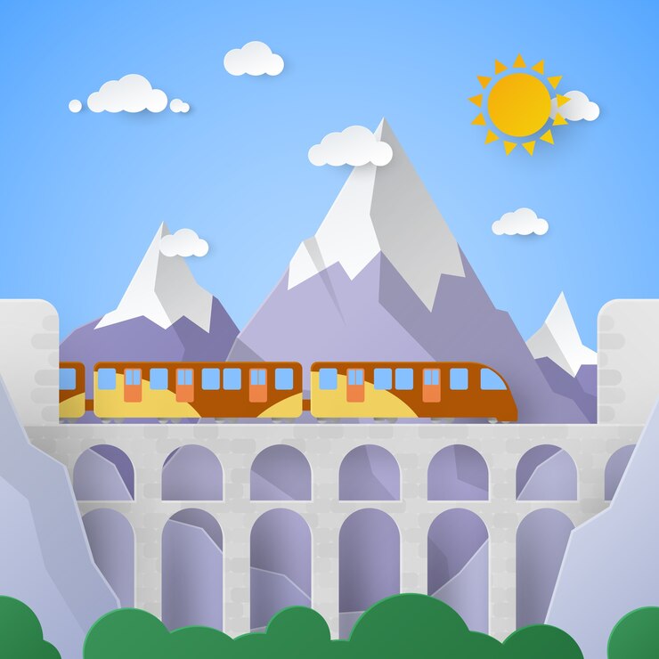 Vector paisaje de montaña con acueducto y ferrocarril