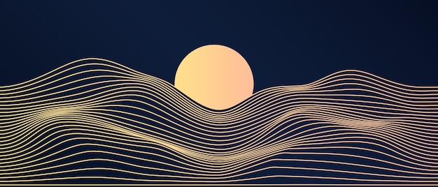 Paisaje de montaña de arte abstracto con líneas brillantes patrones de olas y sol aislado en azul oscuro